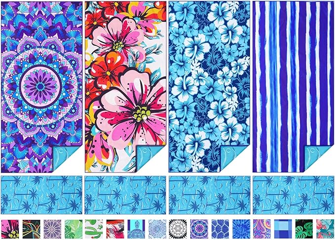 TwoYek 4 Pack Microfiber Thin Beach Towel Lightweight 71x32 Oversized Extra Large Sand Free Towels Quick Dry for Travel Pool Yoga Gym Sports Beach Accessories Vacation Essential Gift