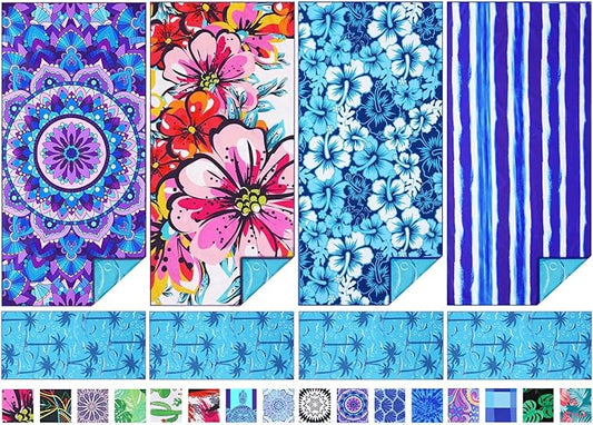 TwoYek 4 Pack Microfiber Thin Beach Towel Lightweight 71x32 Oversized Extra Large Sand Free Towels Quick Dry for Travel Pool Yoga Gym Sports Beach Accessories Vacation Essential Gift