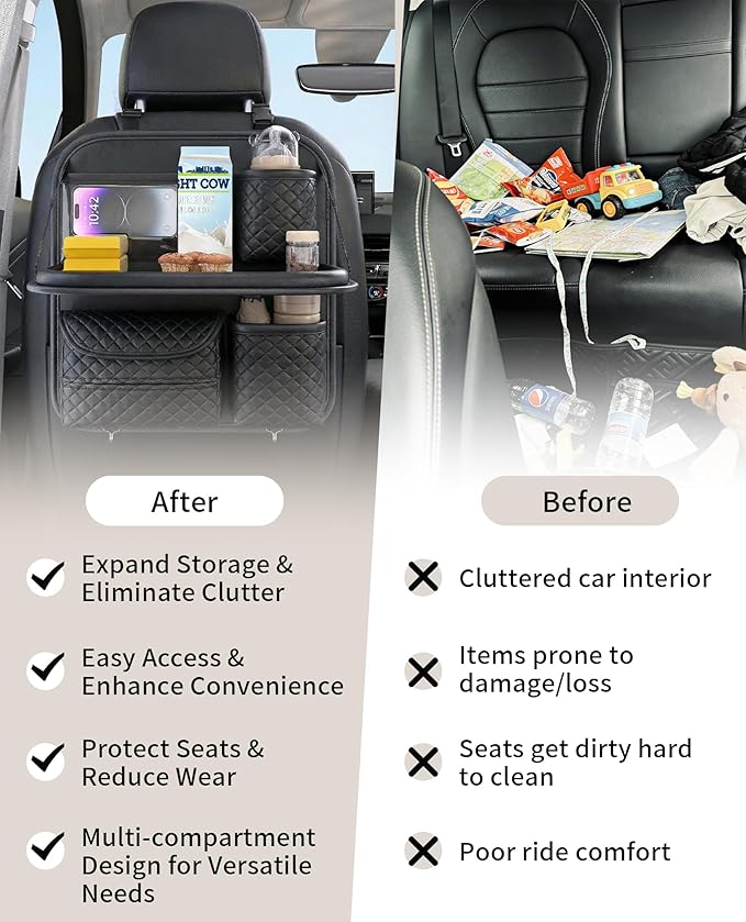 Leather Car Backseat Organizer with Foldable Table Tray - Cup, Tissue, Tablet Holder & Purse Hook, Road Trip Essentials for Car (Black)