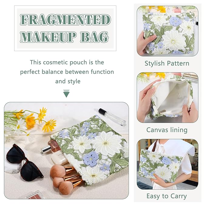 ZLFSRQ Lace Flower Makeup Bag Travel Cute Floral Cosmetic Bags for Women Large Toiletry Pouch Zipper Cosmetic Pouch for Purse Aesthetic Make up Organizer Bag Portable Toiletry Bags