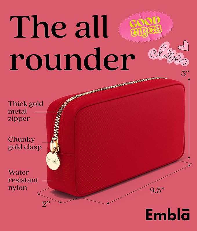 Embla Makeup Bag Travel Cosmetics Pouch and Toiletry Bag, Nylon Zipper Pouch Purse, Cute Make Up Organizer Storage Tote for Women Girls, Waterproof Travel Skincare Case, Small Makeup Bags, Ruby Red
