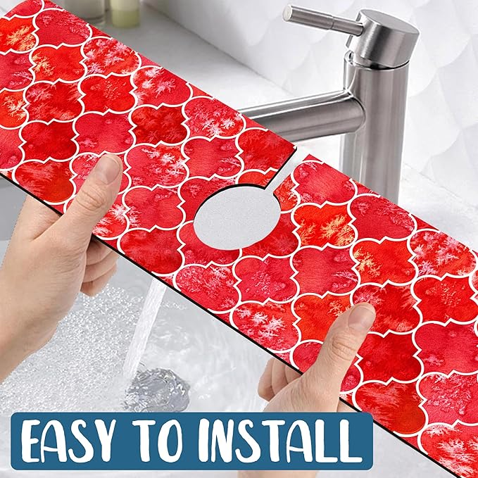 Watercolor Moroccan Marbled Sink Splash Guard Red Tiles Faucet Absorbing Mat Fast Drying Mat Sink Gadgets Splash Guard Behind Faucet Drip Catcher for Kitchen Bathroom, 23.5"x5.5"