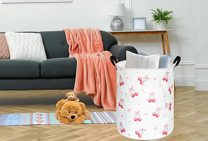 Cherry Print Round Laundry Hamper Storage Basket Bins Clothes Nursery Hamper for Home, Gift Storage Bins with Handles