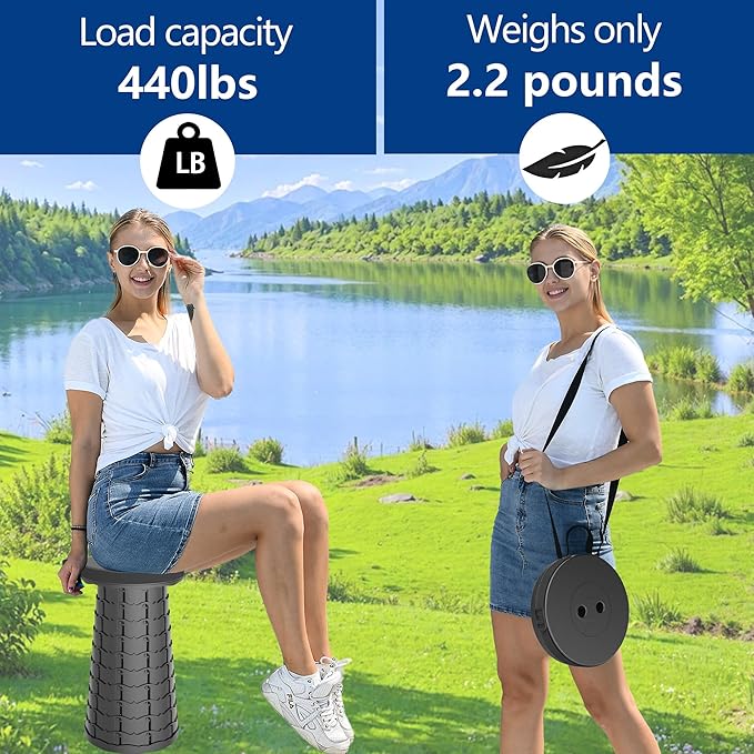 2025 Upgraded 45cm Collapsible Stool with Cushion, Maximum Loading 440 Pounds, Portable and Lightweight Adjustable Seat, Camping Retractable Stool for Outdoor Camping, Fishing, Hiking, BBQ