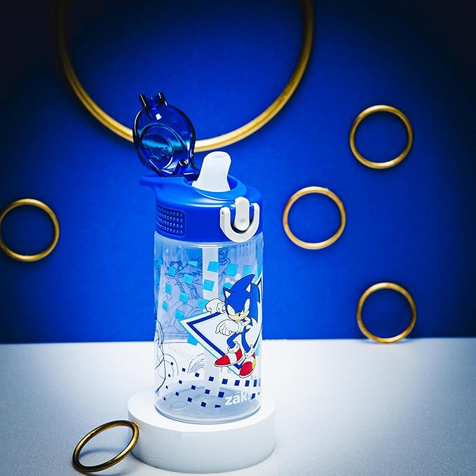 Zak Designs Sonic the Hedgehog Sage Water Bottle For School or Travel, 16oz Durable Plastic Water Bottle With Straw, Handle, and Leak-Proof, Pop-Up Spout Cover (Sonic, Eggman)