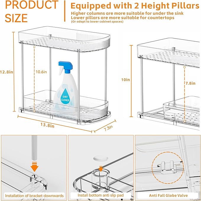 Yieach 2 Sets 2 Tier Pull Out Kitchen Under Sink Organizer and Clear Bathroom Undersink Organizers for Cleaning Products Storage,12.8 Inch Tall Sliding inder Cabinet Shelf,Under Counter Organization
