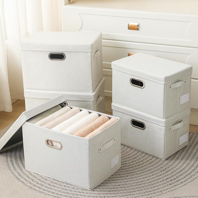 PRANDOM Collapsible Storage Bin with Lid [1-Pack] Fabric Foldable Storage Box Organizer Container Basket Cube with Cover for Home Bedroom Closet Office Nursery Beige(15.3x10x9.7)