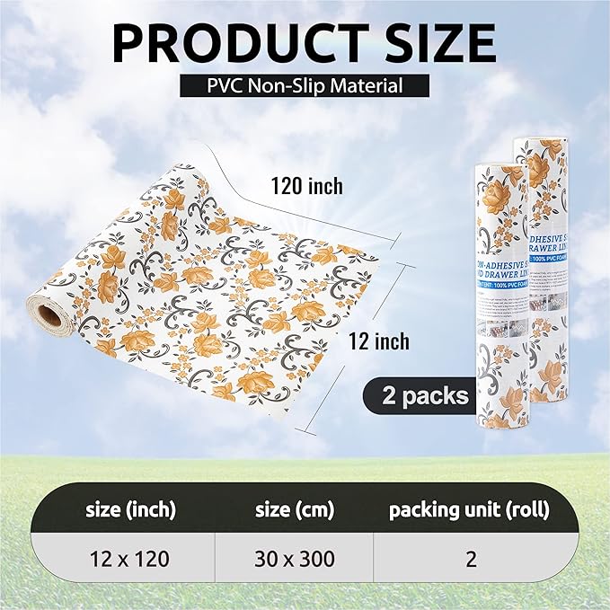 FIFTY FEET 12X120 Inch Shelf Liner for Kitchen Cabinets, PVC Drawer Liner for Dresser Non-Slip Bathroom, Non-Adhesive Cabinet Liner Washable (Yellow Floral)(2 Roll)