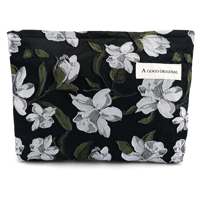 ZLFSRQ Floral Makeup Bag for Women Cute Cosmetic Bag Large Embroidery Travel Toiletry Bags Vintage Brocade Zipper Makeup Pouch for Purse Gift Portable Canvas Toiletry Bags Aesthetic Skincare Organizer