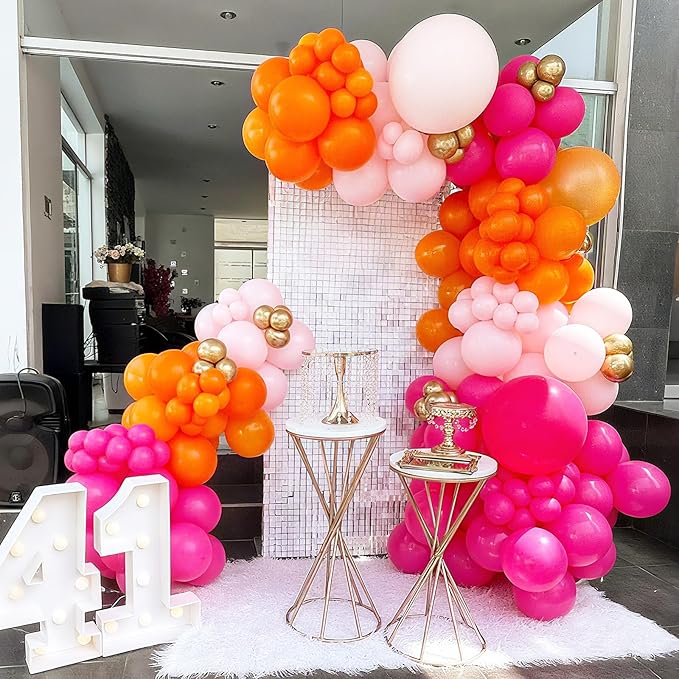 Pink Orange Balloon Garland Arch Kit, 120Pcs 18/12/10/5 Inch Hot Pink Orange Metallic Gold Latex Balloons with Star Foil for Birthday Summer Tropical Wedding Party Decorations