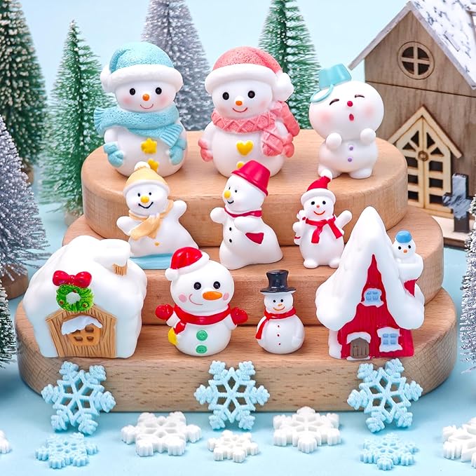 20 Pcs Mini Christmas Snowman Figurines with Winter House Snowflakes Tiny Little Xmas Resin Snowmen Miniature Figures for Holiday Crafts Garden Micro Landscape Home Table Decor