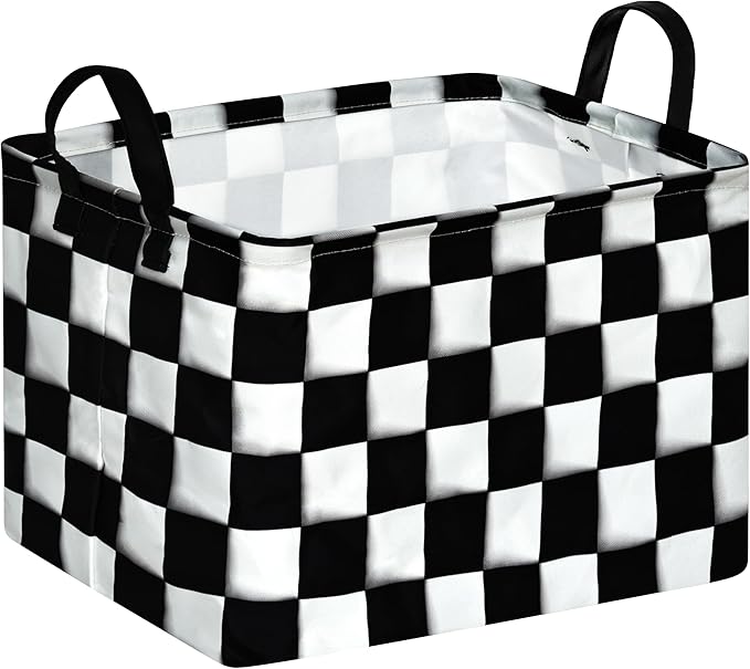KUNRO Rectang Checkered Flag Storage Basket Gift Shelf Basket Storage Bin, Nursery Basket Organizer Box for With Handles for Room Deco