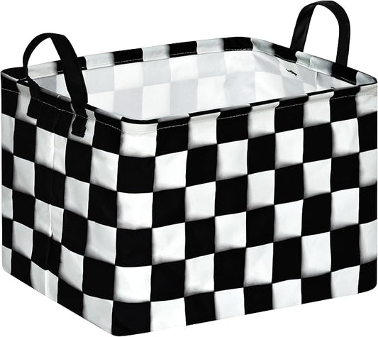 KUNRO Rectang Checkered Flag Storage Basket Gift Shelf Basket Storage Bin, Nursery Basket Organizer Box for With Handles for Room Deco