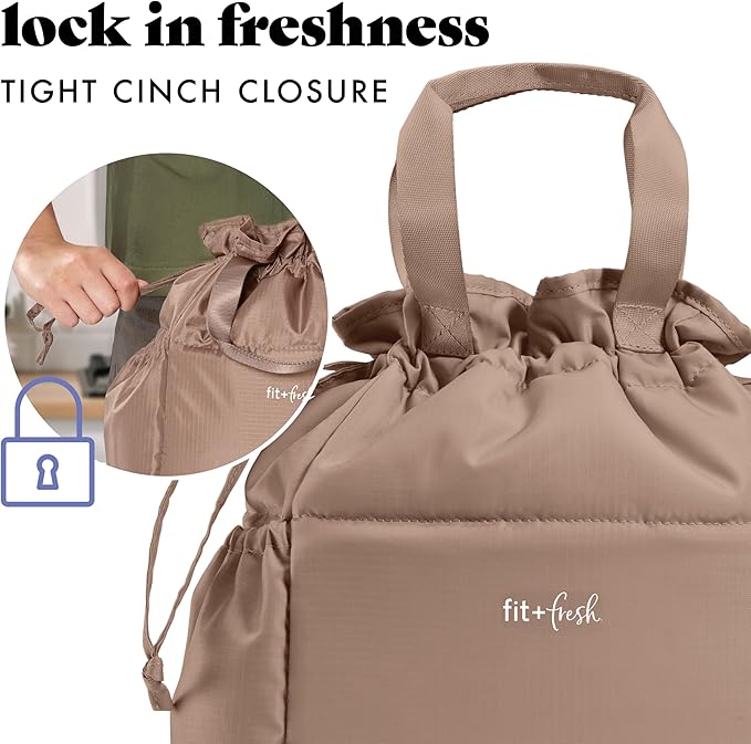 Fit & Fresh Cromwell Drawstring Lunch Bag for Women, Complete Lunch Set with 2 Containers, Stain-Resistant, Leak-Resistant, Back to School Essential, Teacher Lunchbox, Taupe