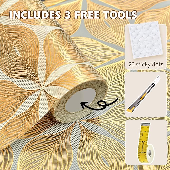 Drawer and Shelf Liner for Kitchen Cabinet,Non-Adhesive Waterproof Drawer Liner for Dresser & Bathroom Vanities with Adhesive Dots & Cutting Tool(12 in X 30 Ft Gold Leaf Pattern)