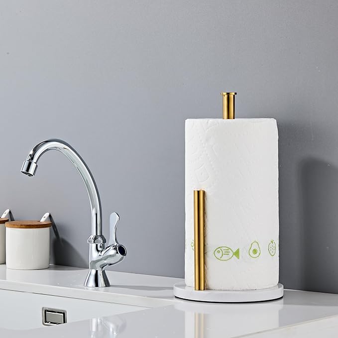 Brushed Gold Paper Towel Holder,Stainless Steel Paper Towel Holder for Kitchen Roll Organize, Standard or Jumbo-Sized Roll Paper, Countertop Roll Dispenser with Marble Base