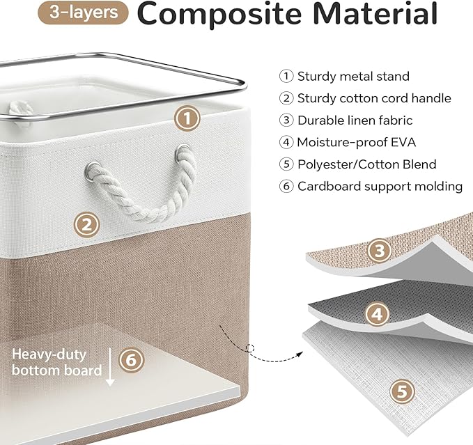 VQRTEXA 12 x 12 Inch Cube Storage Bins, 4 Pack Fabric Storage Basket with Handles, Foldable Boxes Organizer for Shelf Baskets for Home, Clothes (White/Khaki)