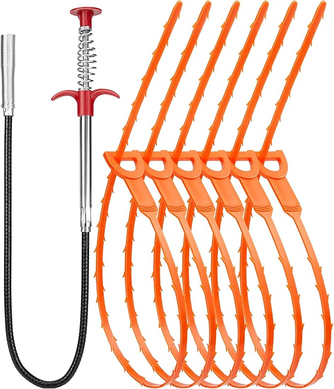 Oanie 7 Pack 25inch Drain Clog Remover Tool, Cleaner Hair Clog Remover(6pcs), Cleaner Sticks to Drain Hair Clog for Remover(1pcs), Sink Snake for Shower Kitchen Sink Bath Tub Bathroom(6+1)