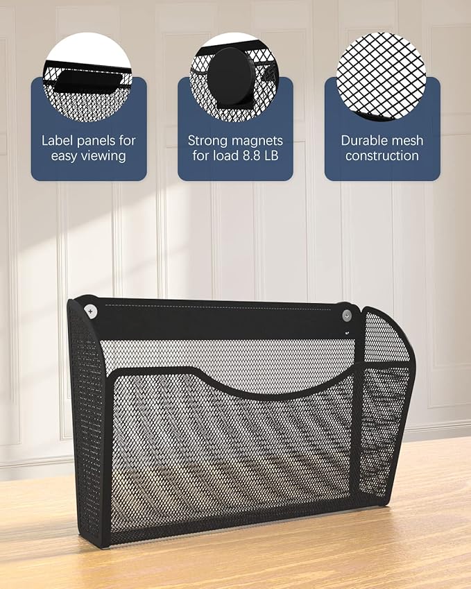 1-Tier Magnetic File Holder - No Drilling Installation File Organizer, Large Capacity Magnetic File Holder for Refrigerator, File Cabinets, Whiteboard, Office, Kitchen