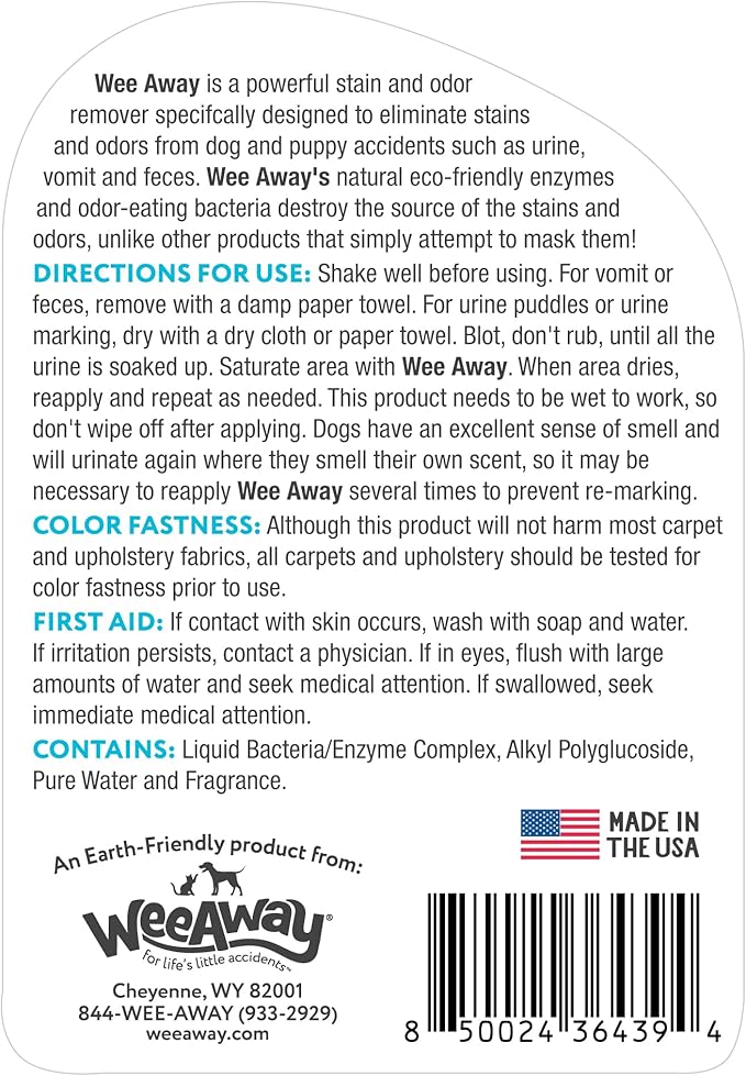 Wee Away X2 Dog Urine Stain & Odor Remover – Double Strength Enzyme Spot Cleaner for Dog Pee, Marking & Odor Removal – Carpet, Furniture & Bedding, Non-Toxic, 16oz