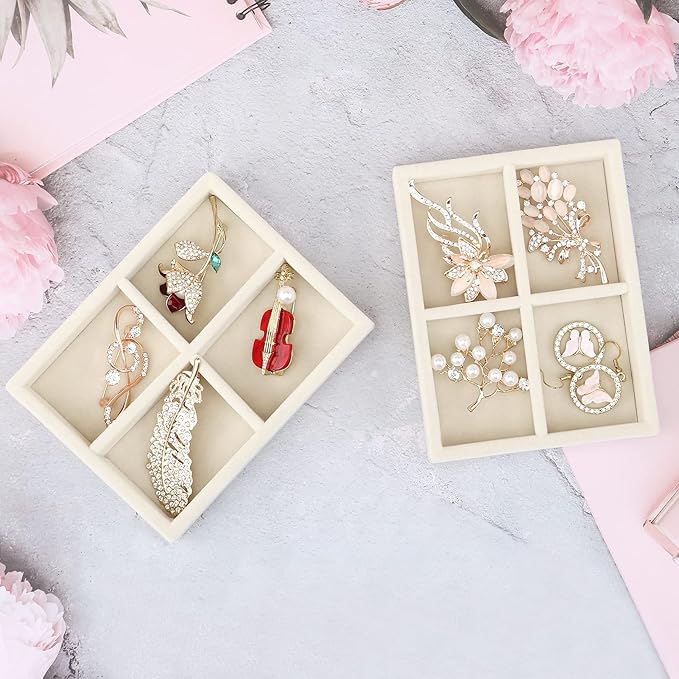 DesignSter Small Jewelry Tray-Ring Organizer 2PCS Premium Velvet Rings Earrings Display Tray Storage Insert Holder for Jewelry Box, Drawer, Dresser (4 Grids, Beige)