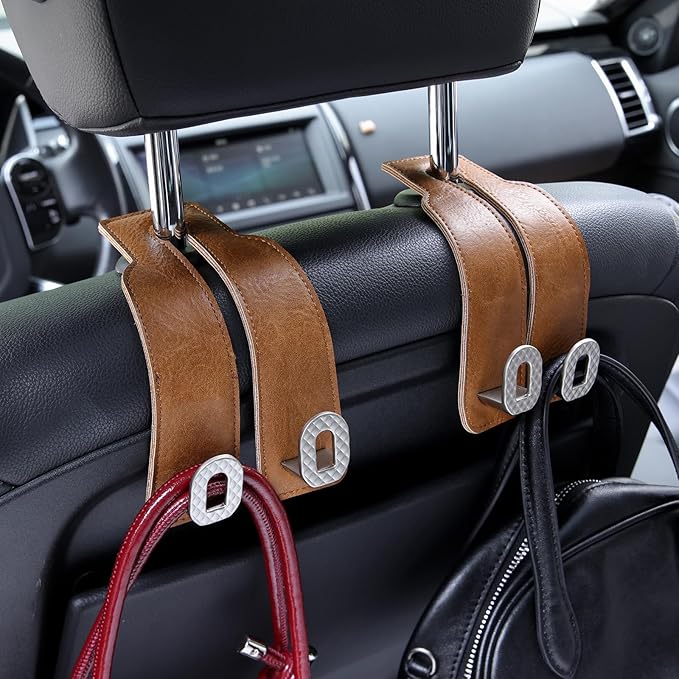 Car Headrest Hooks, Universal Car Purse Hook, Premium Leather and Alloy Twin Hook, Car Seat Back Storage Hanger Hook for Purse Bags Cloth Drink, Durable Holder Car Accessories (BH09-Brown-Silver-4 Pcs)