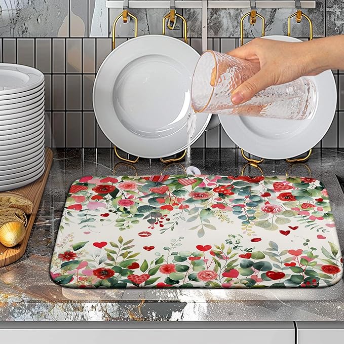 Valentine Dish Drying Mat for Kitchen Counter 16x18 Inch Valentines Love Heart Rose Eucalyptus Leaf Dishes Drying Pad Microfiber Absorbent Dish Draining Washable Dish Drainer Mat