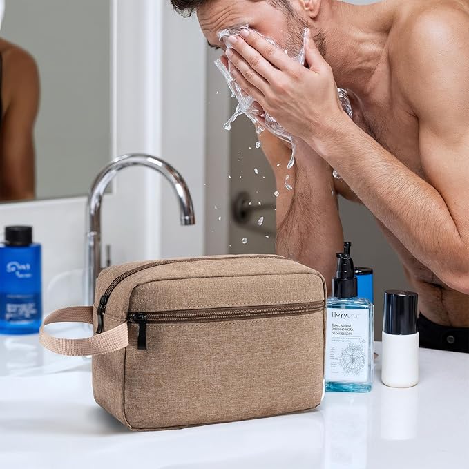 Travel Toiletry Bag, Small Cosmetic Bag, Hanging Water-Resistant Organizer for Men & Women, Ideal for Makeup, Shaving Kit, Gym Essentials & Travel Accessories (Camel)