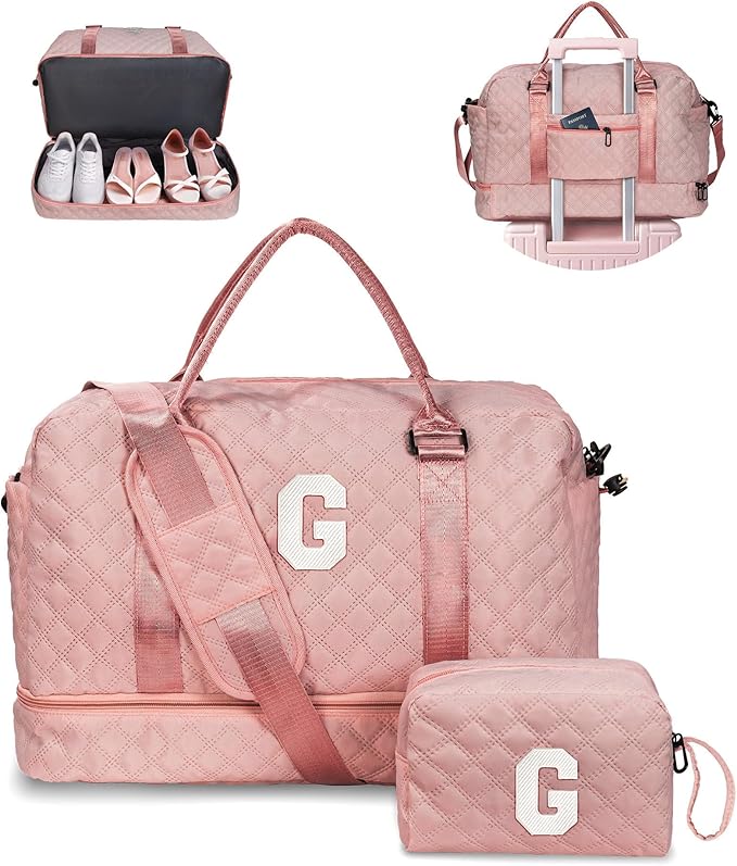 Gifts for Girls - Kids Duffle Bag with Shoe Compartment, Girls' Weekender Bag, Monogram Overnight Bag, Letter Travel Bag with Makeup Bag, Personalized Gift Idea for Women (Letter G)
