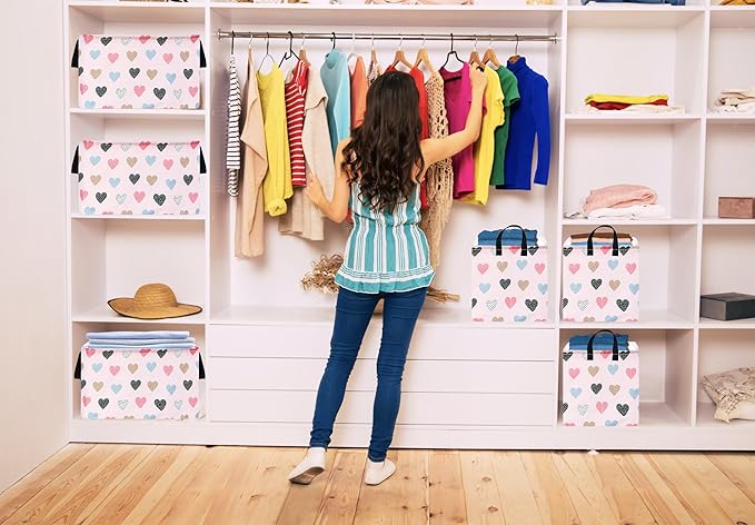 KUNRO Rectang Heart Valentine's Storage Basket Gift Shelf Basket Storage Bin, Nursery Basket Organizer Box for With Handles for Room Deco