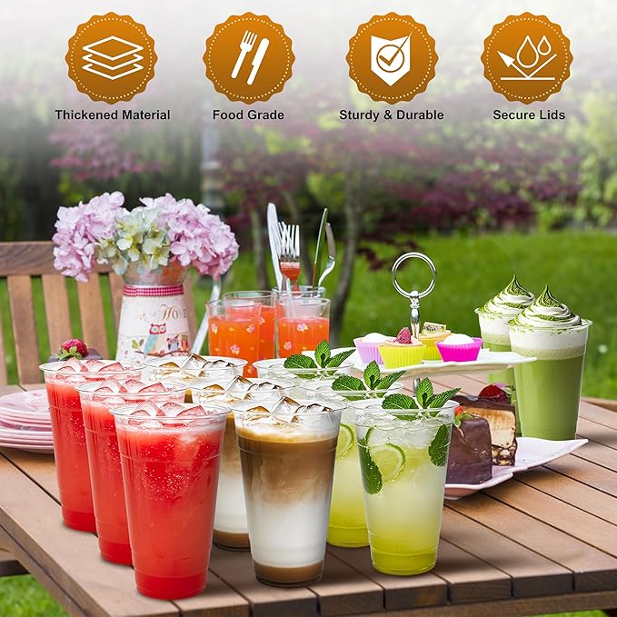 Charmount 24 oz Clear Plastic Cups with Lids and Straws, 100 Sets Disposable To Go Cups for Cold Drinks, Iced Coffee, Coffee Bar Accessories, Smoothies