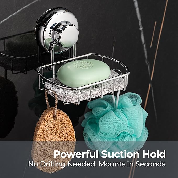 HASKO 2-Pack Suction Cup Soap Holder – Bar Soap Dish for Shower with Hooks for Bathroom – Optional Mounting with Adhesive Tape – Includes 2 Soap Savers – Polished Stainless Steel SS304