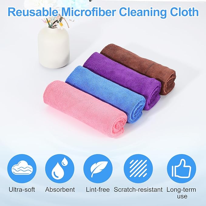 HARFINGTON 6 Pack Microfiber Cleaning Cloth, 16" x 12" Multi-Functional Cleaning Towels Reusable Absorbent Rags with Hook for Car Wash Kitchen Household Window Clean, Purple