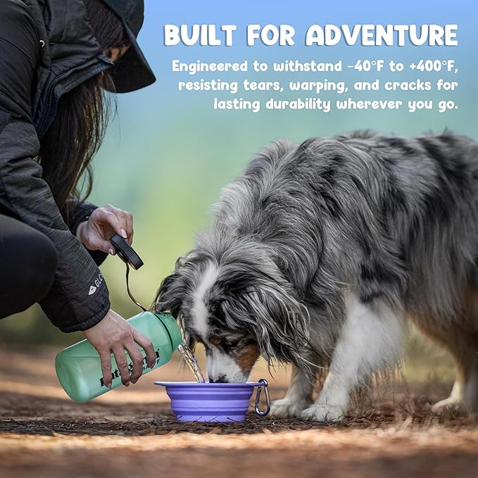 Collapsible Dog Bowl - 800ml/27 oz Portable Silicone Travel Water Bowl for Dogs with Carabiner | Foldable, Dishwasher Safe | Hiking, Camping Dog Essentials & Outdoor Pet Feeding - Purple