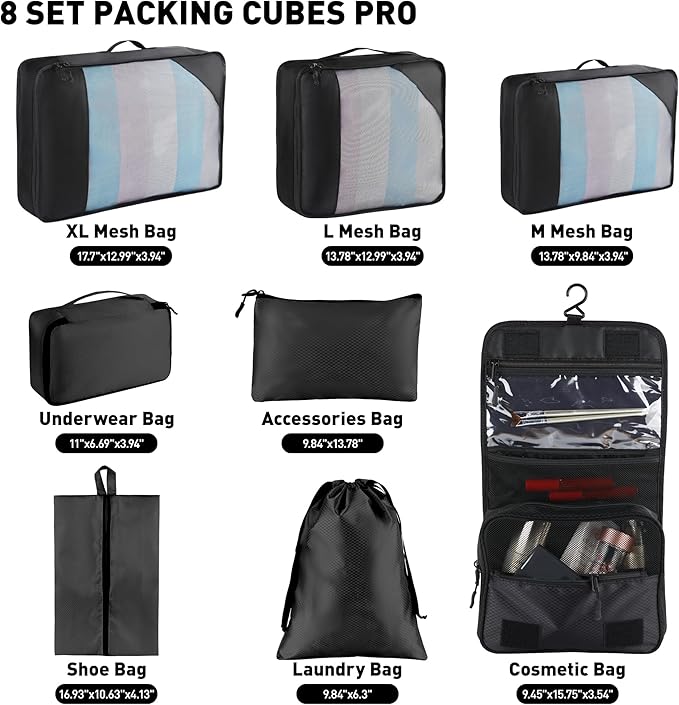 8-Piece Packing Cubes for Travel, Mesh Luggage Organizers with Shoe Bag, Toiletry Bag, Laundry Pouches, 4 Sizes (XL/L/M/S) for Suitcase Organization, Men Women Kids, Black