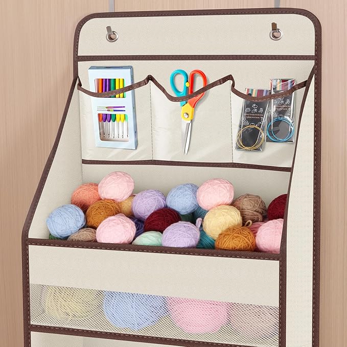 Univivi 6-Shelf Over Door Hanging Organizer Fabric Baby Door Storage with 5 Large Pockets and 3 Small PVC Pockets Wall Mount Hanging Storage Organizers for Baby Essential (Beige)