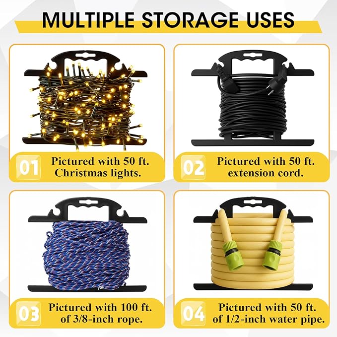 Ripeng 1 Pcs ABS Heavy Duty Extension Cord Storage Reel, Portable Christmas Light Storage Cord Organizer, Portable Hose Organizer Wrap-holds 100 Feet, H-shape Reel (Black)
