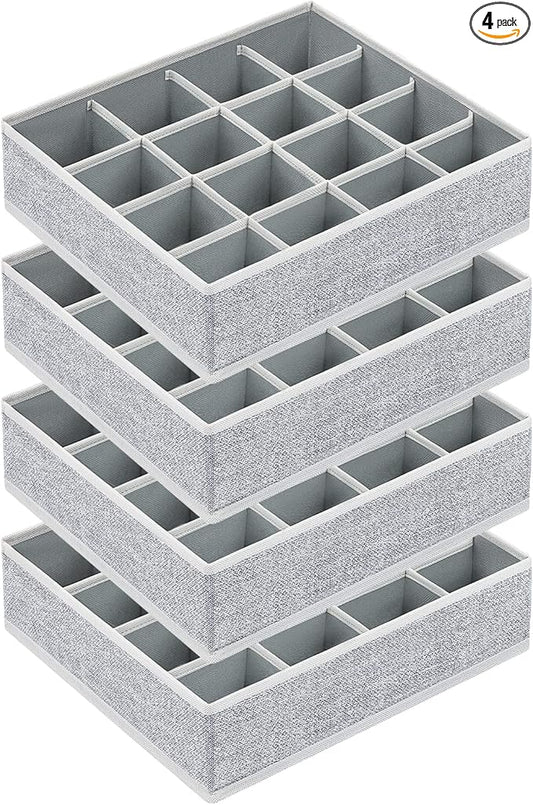 Joyoldelf Sock Drawer Organizer Divider Underwear Organizer 16-cell Fabric Dresser Drawer Organizers Storage Boxes for Socks, Lingerie, Handkerchiefs, Ties, 4 Pack (Blended-Grey)