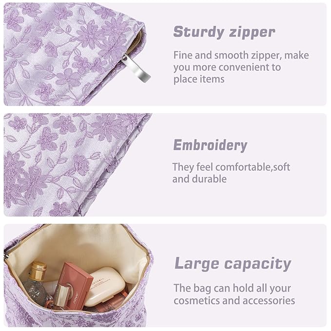 ZLFSRQ Daisy Flower Makeup Bag Travel Cute Floral Cosmetic Bags for Women Large Toiletry Pouch Zipper Cosmetic Pouch for Purse Aesthetic Embroidery Purple Makeup Organizer Bag Portable Toiletry Bags