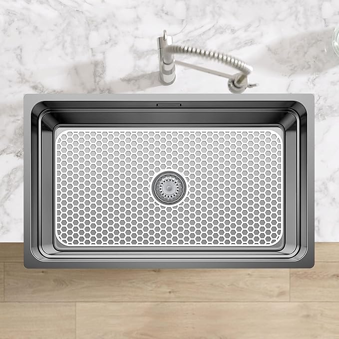 Silicone Sink Protectors for Kitchen Sink with Center Drain - 29.7"x 15.5" Kitchen Protector Accessory, Non-Slip Heat Resistant Mat for Bottom of Farmhouse Stainless Steel Porcelain (White)