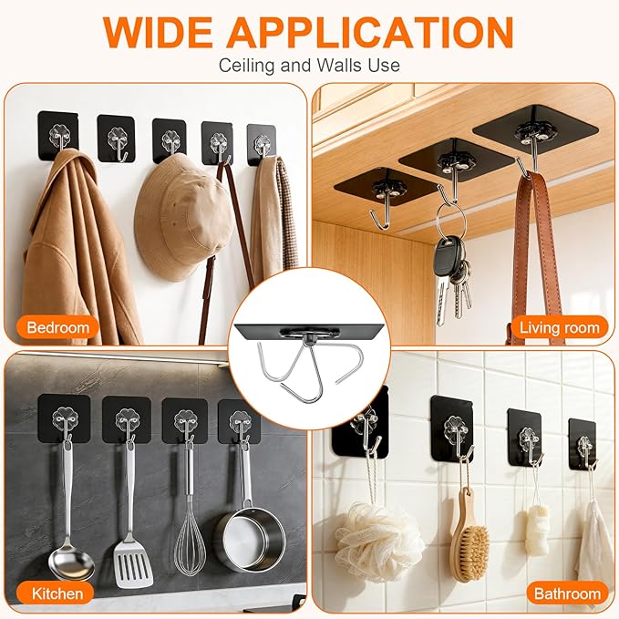 DDMY Heavy Duty Hooks Self Adhesive Hooks New Black Sticky for Hanging 100 Pack Waterproof Wall and Ceiling Hooks with Reusable Adhesive for Shower, Kitchen, Picture Hanging, Decorations, RV, No Damage