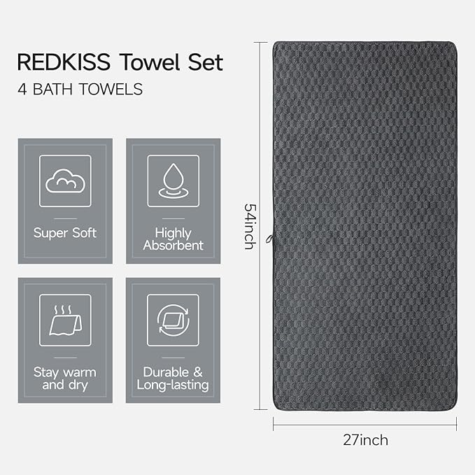 REDKISS 4 Pack Charcoal Gray Microfiber Bath Towels - Large Shower Towels Set for Bathroom, Super Absorbent Towel Set of 4 Large, Quick Dry Bathroom Towel for Spa, Gym, Travel, Lint Free, Ultra Soft