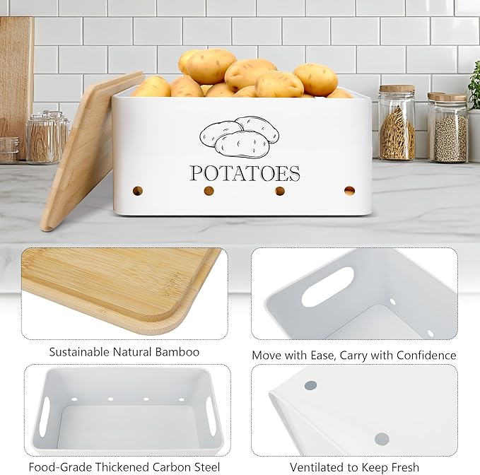 Kitchen Metal Vegetable Storage Bins,Metal Potato Onion Garlic Storage Set of 3 with Aerating Holes and Bamboo Lids,Farmhouse Canisters Sets for the Kitchen Countertop (1, Rectangular)