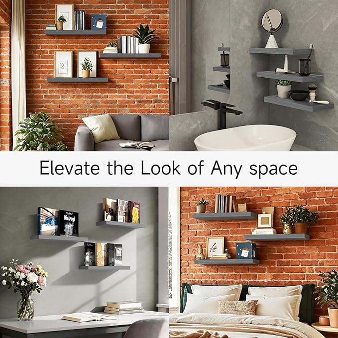 BAYKA Grey Floating Shelves for Wall, Wall Mounted Rustic Wood Shelves for Bathroom, Bedroom, Living Room, Kitchen, Small Hanging Shelf for Books/Storage/Room Decor (Set of 3, 15.7in)