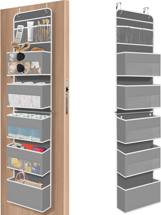 SpaceHacks 6-Tier Over The Door Organizer, Hanging Storage Organizer with Clear Window, 40lb Ultra Sturdy Large Capacity Room Organizer for Pantry Bathroom Nursery Closet Baby Essential (Grey)