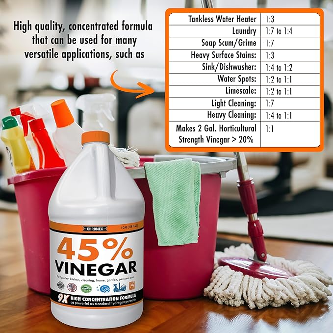 Chromex 45% Ultra Concentrated Vinegar - Dilutes to 9 Gallons - 9x Strength Multi-Purpose Cleaning, Deodorizing, Laundry, Gardening, Descaling, and Drain Cleaning Solution - 1 Gallon