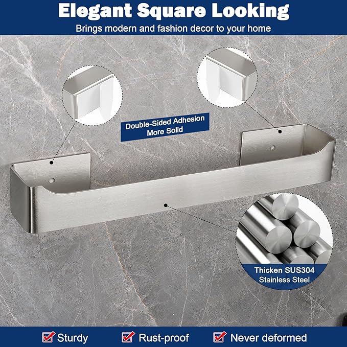 NearMoon Self Adhesive Hand Towel Holder/Towel Ring, Stainless Steel Hand Towel Bar Rustproof Stick on Wall-Towel Rack for Bathroom/Kitchen, Square Sticky and Wall Mounted (14 Inch, Brushed Nickel)