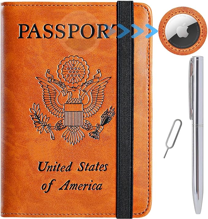 Airtag Passport Holder Cover Wallet Travel Essentials RFID Blocking Leather Card Case International Must Haves Travel Accessories for Women Men(119#Claybank)