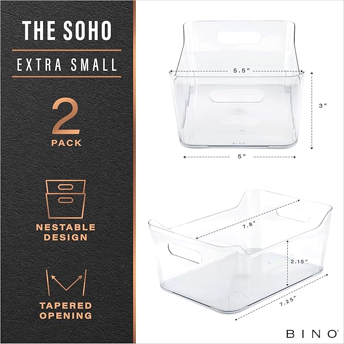 BINO | The SOHO Collection Plastic Storage Bins, X-Small - 2 Pack, Clear | Pantry and Fridge Organizer Containers, Kitchen Cabinet and Medicine Cabinet Bins