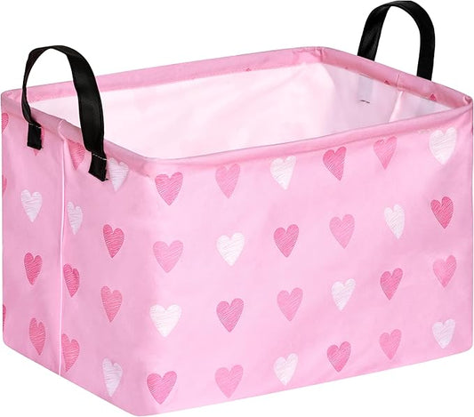 Rec Pink Heart Print Box Hamper Storage Basket Collapsible Organizer Bin Gift Shelf Baskets for Home and Kitchen Storage